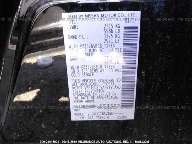 5N1DR2MN0HC653362 - 2017 NISSAN PATHFINDER S/SV/SL/PLATINUM BLACK photo 9