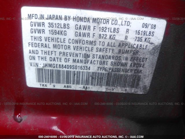 JHMGE88409S016334 - 2009 HONDA FIT SPORT RED photo 9