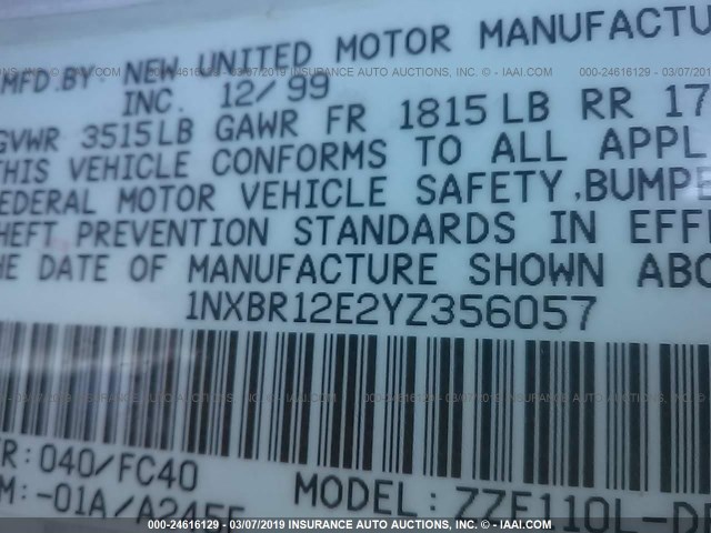 1NXBR12E2YZ356057 - 2000 TOYOTA COROLLA VE/CE/LE 白色 照片 9