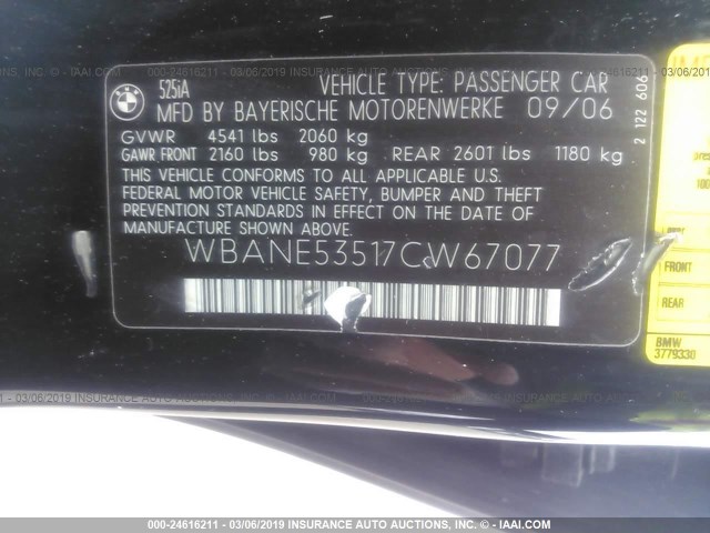 WBANE53517CW67077 - 2007 BMW 525 I BLACK photo 9