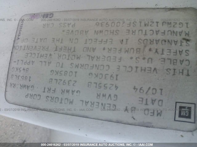 1G2WJ12M1SF200936 - 1995 PONTIAC GRAND PRIX SE თეთრი ფოტო 9