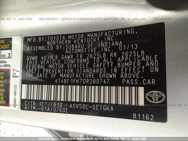 4T4BF1FK7DR280747 - 2013 TOYOTA CAMRY L/SE/LE/XLE 银色 照片 9