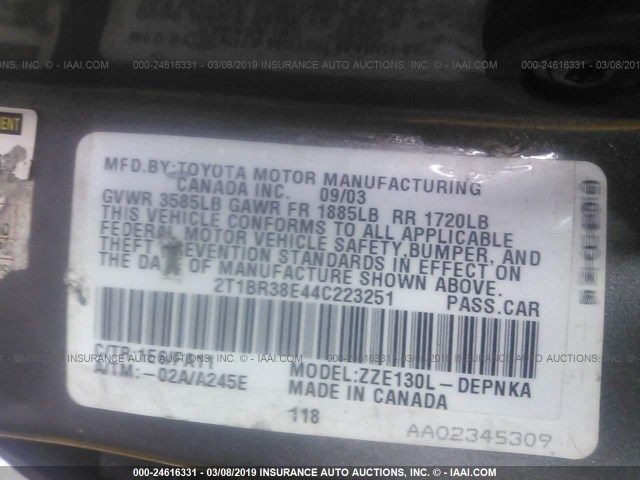 2T1BR38E44C223251 - 2004 TOYOTA COROLLA CE/LE/S GRAY photo 9