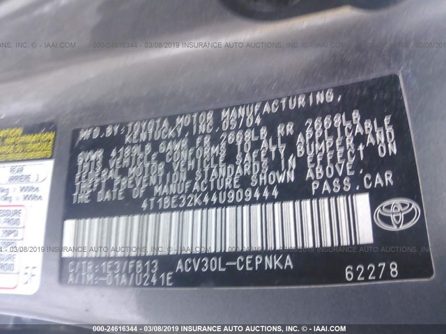 4T1BE32K44U909444 - 2004 TOYOTA CAMRY LE/XLE/SE GRAY photo 9