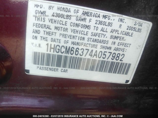 1HGCM66374A057982 - 2004 HONDA ACCORD LX RED photo 9