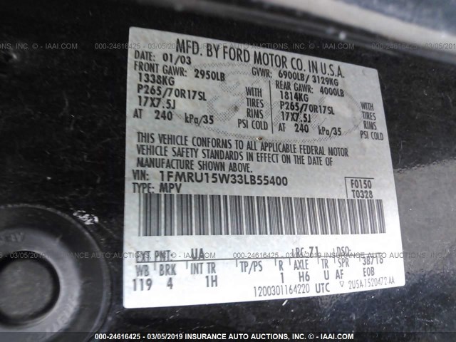 1FMRU15W33LB55400 - 2003 FORD EXPEDITION XLT BLUE photo 9