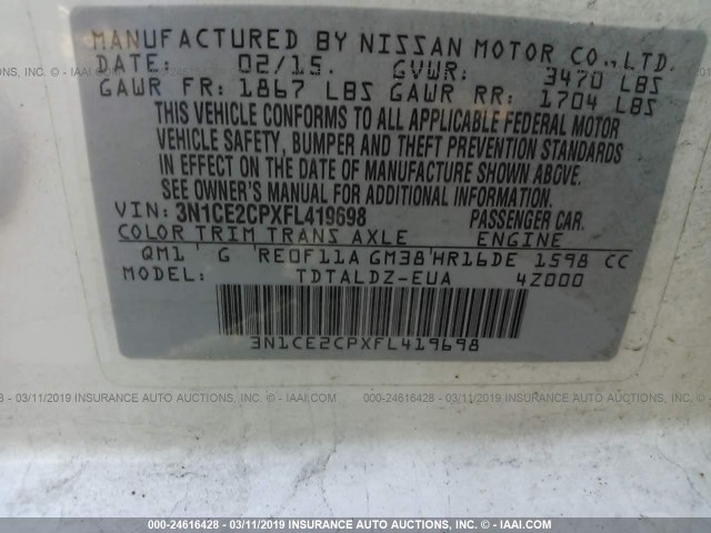 3N1CE2CPXFL419698 - 2015 NISSAN VERSA NOTE S/S PLUS/SV/SL/SR WHITE photo 9