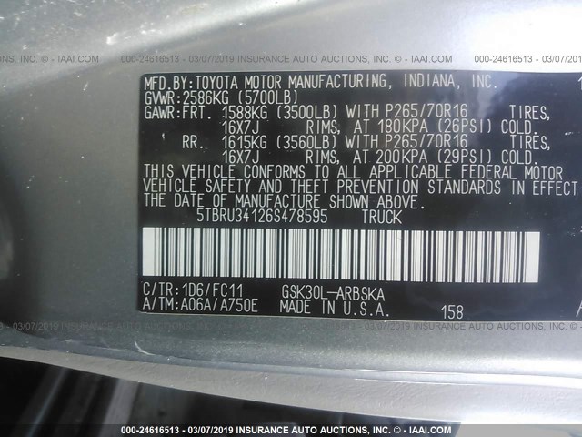 5TBRU34126S478595 - 2006 TOYOTA TUNDRA ACCESS CAB SR5 GRAY photo 9