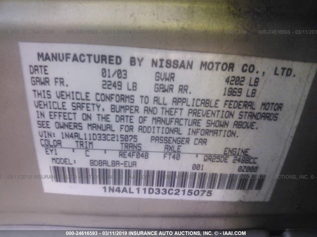 1N4AL11D33C215075 - 2003 NISSAN ALTIMA S/SL GOLD photo 9