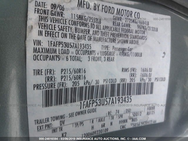 1FAFP53U27A206254 - 2007 FORD TAURUS SE Light Blue photo 9