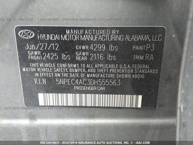 5NPEC4AC3DH555563 - 2013 HYUNDAI SONATA SE/LIMITED GRAY photo 9