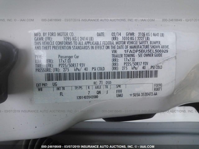 1FADP5BU5EL506929 - 2014 FORD C-MAX SEL WHITE photo 9