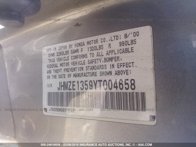 JHMZE1359YT004658 - 2000 HONDA INSIGHT SILVER photo 9