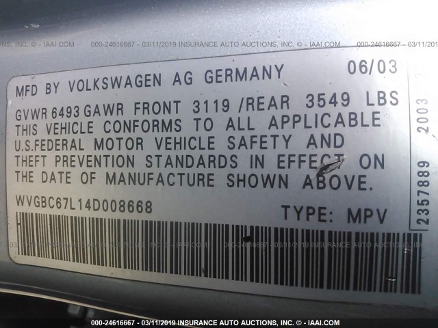 WVGBC67L14D008668 - 2004 VOLKSWAGEN TOUAREG 3.2 BLUE photo 9