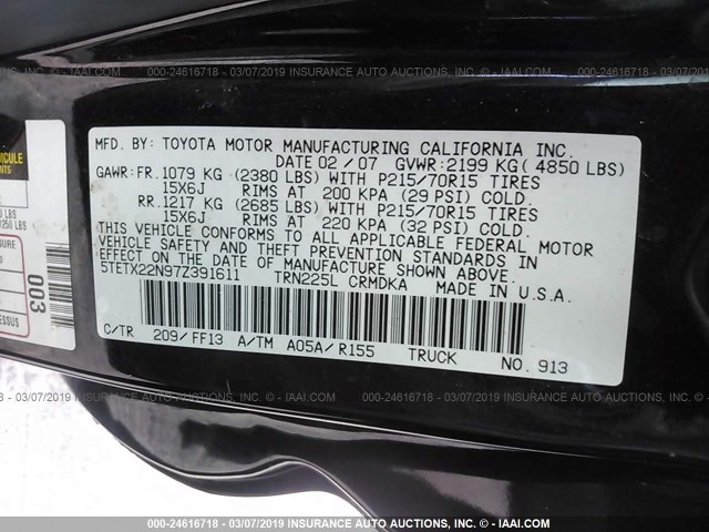 5TETX22N97Z391611 - 2007 TOYOTA TACOMA ACCESS CAB შავი ფოტო 9