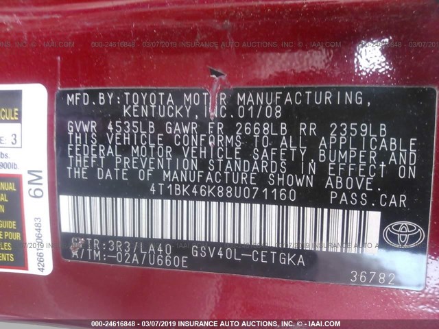 4T1BK46K88U071160 - 2008 TOYOTA CAMRY LE/XLE/SE RED photo 9