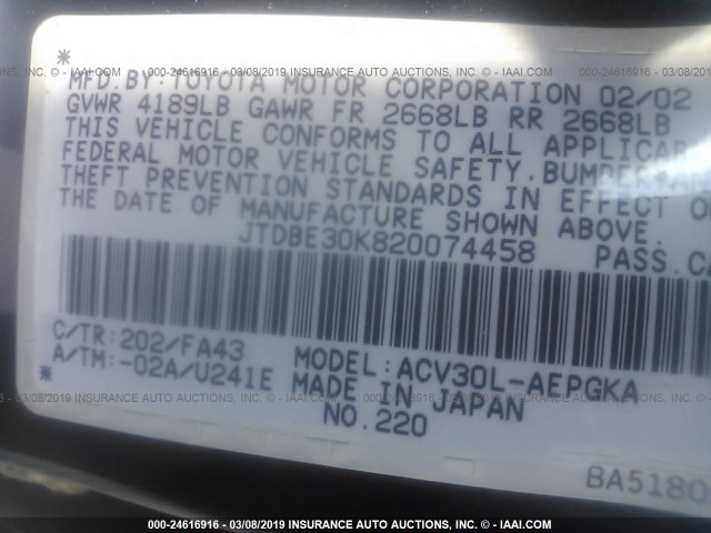 JTDBE30K820074458 - 2002 TOYOTA CAMRY LE/XLE/SE BLACK photo 9