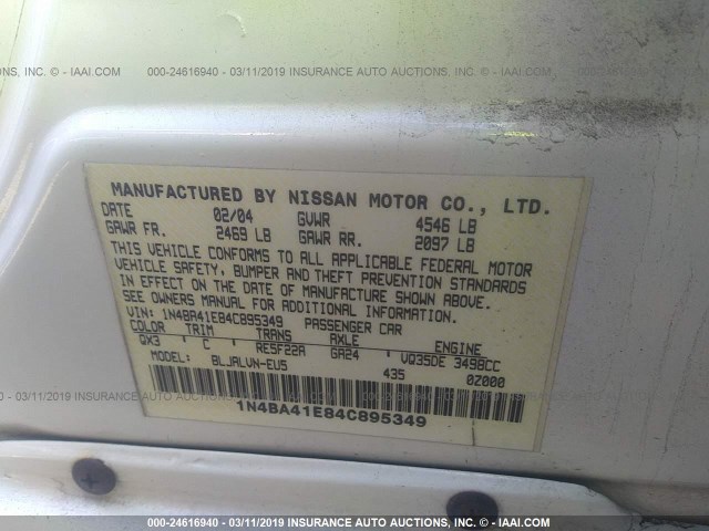 1N4BA41E84C895349 - 2004 NISSAN MAXIMA SE/SL WHITE photo 9