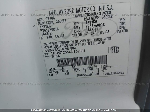 1FTPX12564NB59381 - 2004 FORD F150 WHITE photo 9