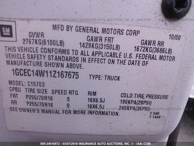 1GCEC14W11Z167675 - 2001 CHEVROLET SILVERADO C1500 WHITE photo 9