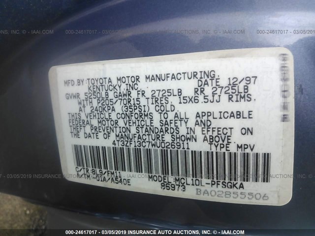 4T3ZF13C7WU026911 - 1998 TOYOTA SIENNA LE/XLE Light Blue photo 9