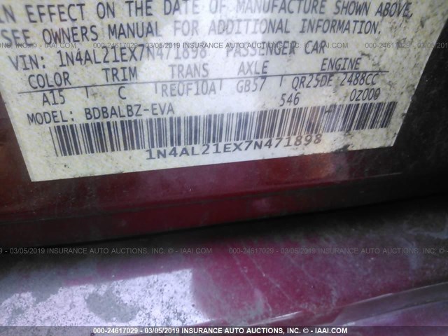 1N4AL21EX7N471898 - 2007 NISSAN ALTIMA 2.5/2.5S Qırmızı foto 9