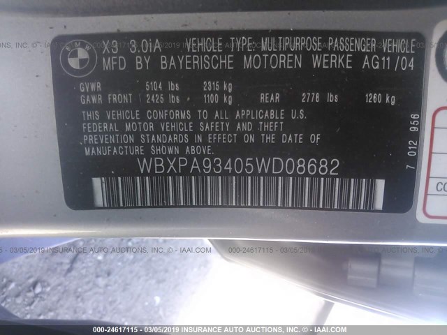 WBXPA93405WD08682 - 2005 BMW X3 3.0I SILVER photo 9