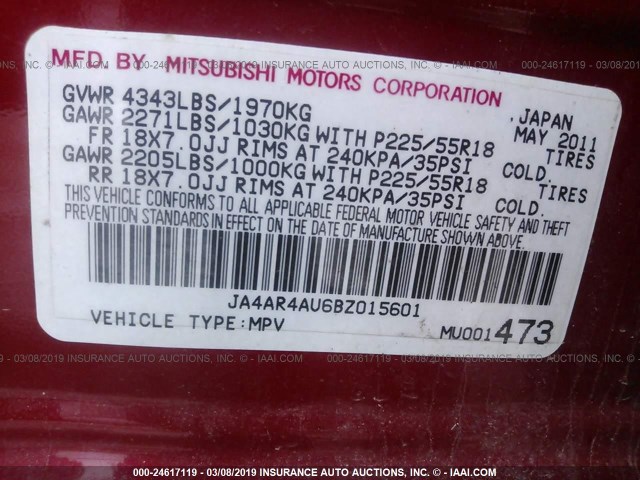 JA4AR4AU6BZ015601 - 2011 MITSUBISHI OUTLANDER SPORT SE RED photo 9