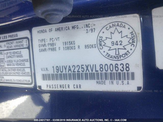 19UYA225XVL800638 - 1997 ACURA 3.0CL BLUE photo 9