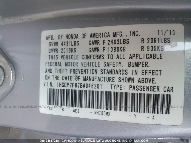 1HGCP2F87BA046201 - 2011 HONDA ACCORD EXL SILVER photo 9