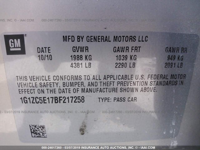 1G1ZC5E17BF217258 - 2011 CHEVROLET MALIBU 1LT 银色 照片 9