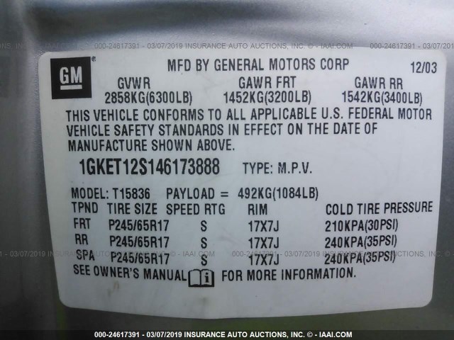 1GKET12S146173888 - 2004 GMC ENVOY XUV SILVER photo 9