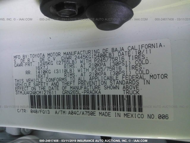 3TMJU4GN0CM127611 - 2012 TOYOTA TACOMA DOUBLE CAB PRERUNNER WHITE photo 9