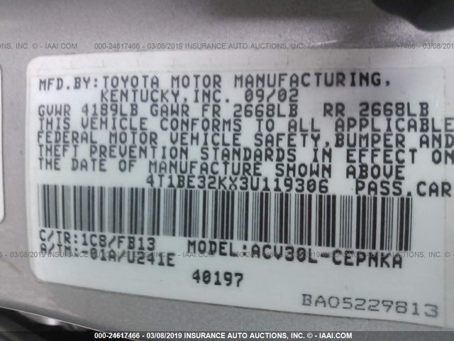 4T1BE32KX3U119306 - 2003 TOYOTA CAMRY LE/XLE/SE SILVER photo 9