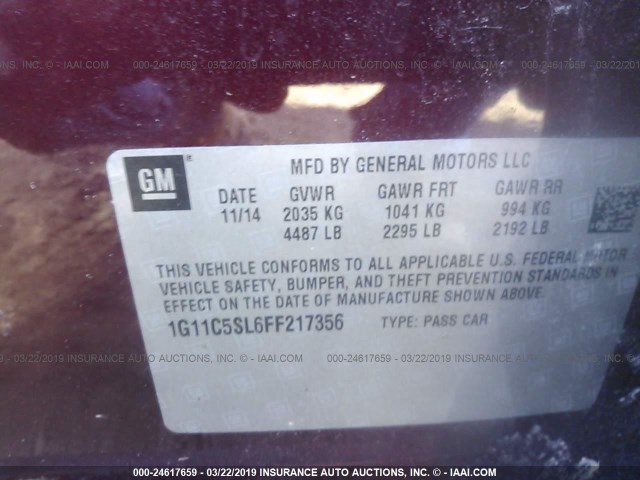 1G11C5SL6FF217356 - 2015 CHEVROLET MALIBU 1LT მუქწითელი ფოტო 9