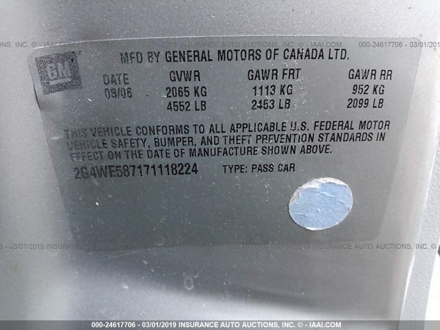 2G4WE587171118224 - 2007 BUICK LACROSSE CXS SILVER photo 9