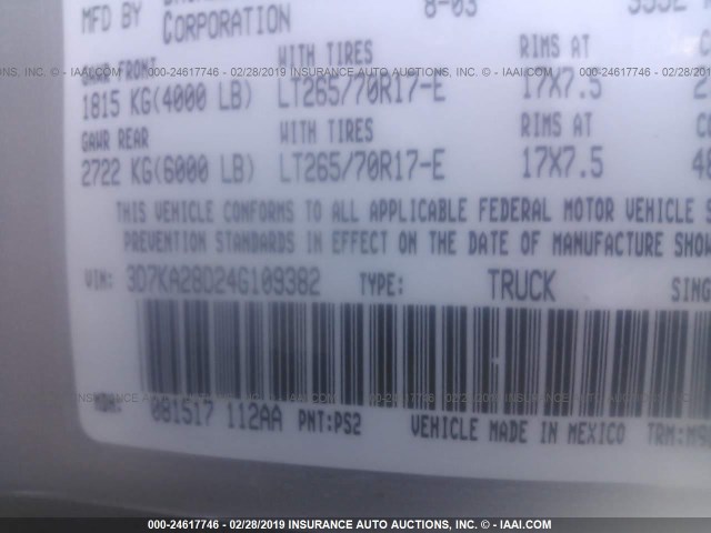 3D7KA28D24G109382 - 2004 DODGE RAM 2500 ST/SLT 银色 照片 9