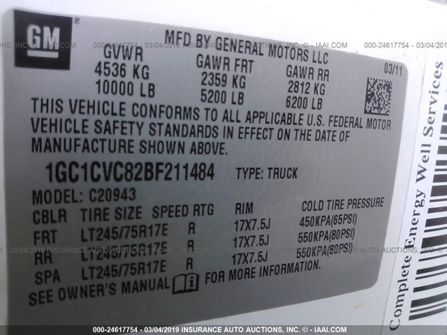 1GC1CVC82BF211484 - 2011 CHEVROLET SILVERADO C2500 HEAVY DUTY WHITE photo 9