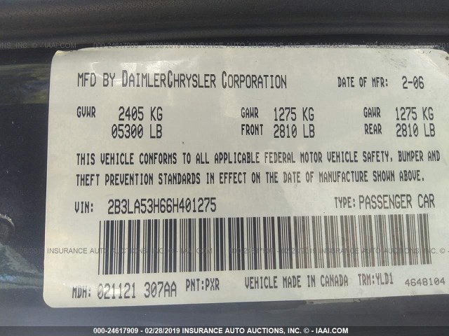 2B3LA53H66H401275 - 2006 DODGE CHARGER R/T BLACK photo 9