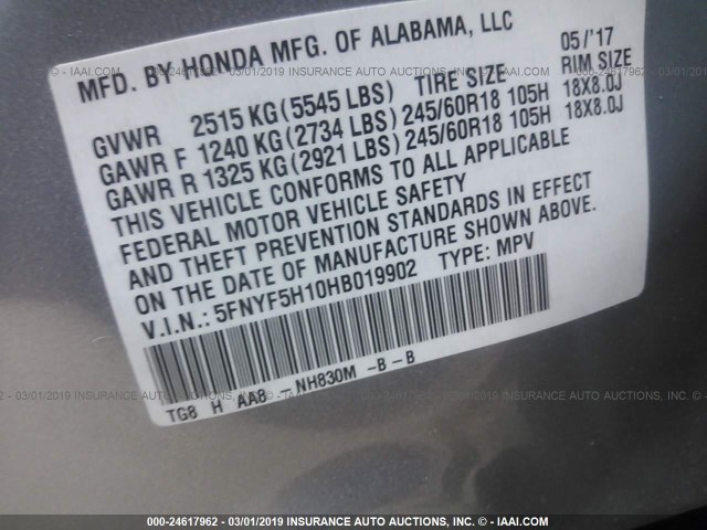 5FNYF5H10HB019902 - 2017 HONDA PILOT LX SILVER photo 9