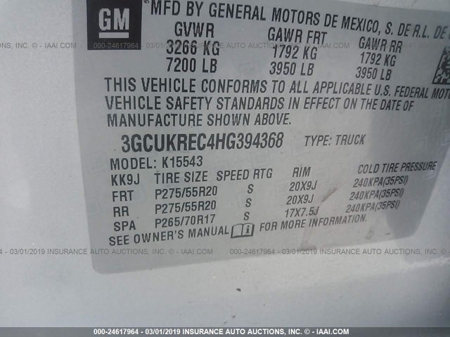 3GCUKREC4HG394368 - 2017 CHEVROLET SILVERADO K1500 LT SILVER photo 9