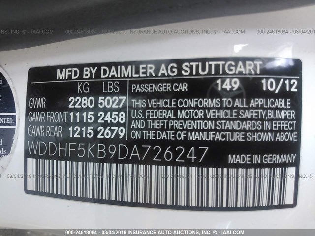 WDDHF5KB9DA726247 - 2013 MERCEDES-BENZ E 350 WHITE photo 9