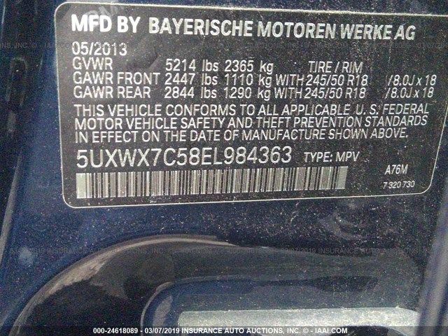 5UXWX7C58EL984363 - 2014 BMW X3 XDRIVE35I BLUE photo 9