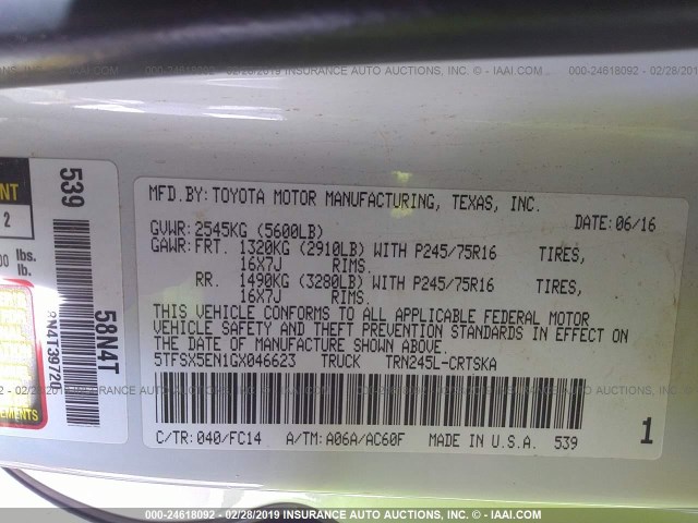 5TFSX5EN1GX046623 - 2016 TOYOTA TACOMA ACCESS CAB/SR/SR5 白色 照片 9