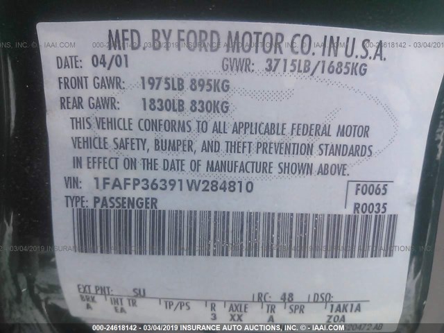 1FAFP36391W284810 - 2001 FORD FOCUS SE/SE COMFORT GREEN photo 9