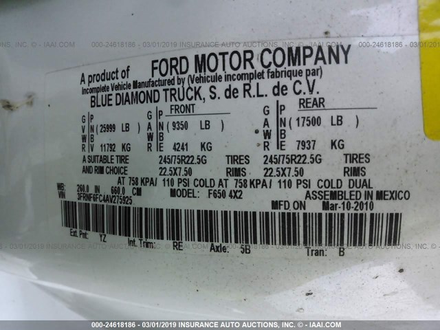 3FRNF6FC4AV275925 - 2010 FORD F650 WHITE photo 9