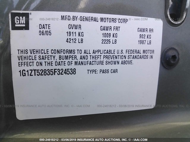 1G1ZT52835F324538 - 2005 CHEVROLET MALIBU LS GREEN photo 9