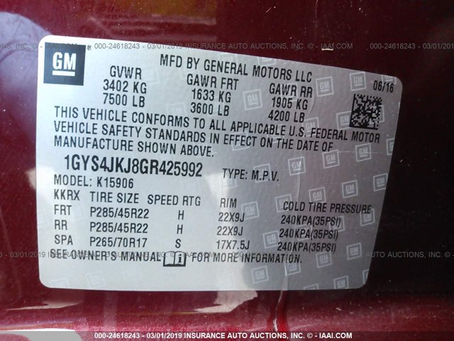 1GYS4JKJ8GR425992 - 2016 CADILLAC ESCALADE ESV PREMIUM MAROON photo 9