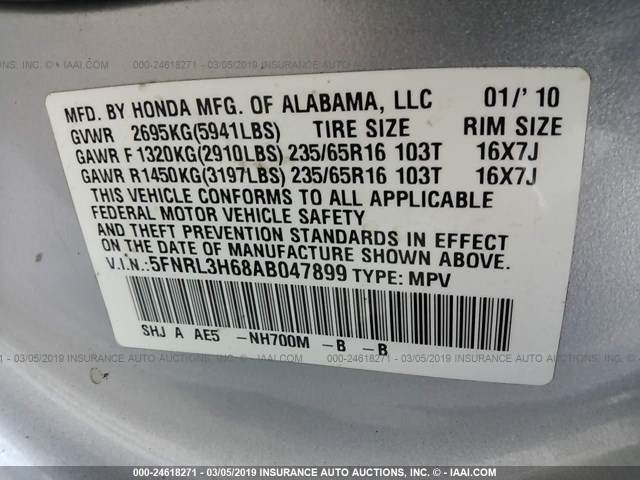 5FNRL3H68AB047899 - 2010 HONDA ODYSSEY EXL SILVER photo 9