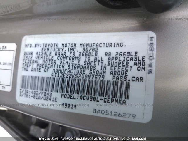 4T1BE32K52U097679 - 2002 TOYOTA CAMRY LE/XLE/SE TAN photo 9